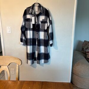 Plaid Trench Coat - Black and White